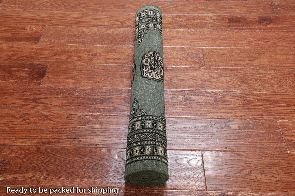 Green Bokhara Handmade Wool Rug - 2' 7" X 4' 1"