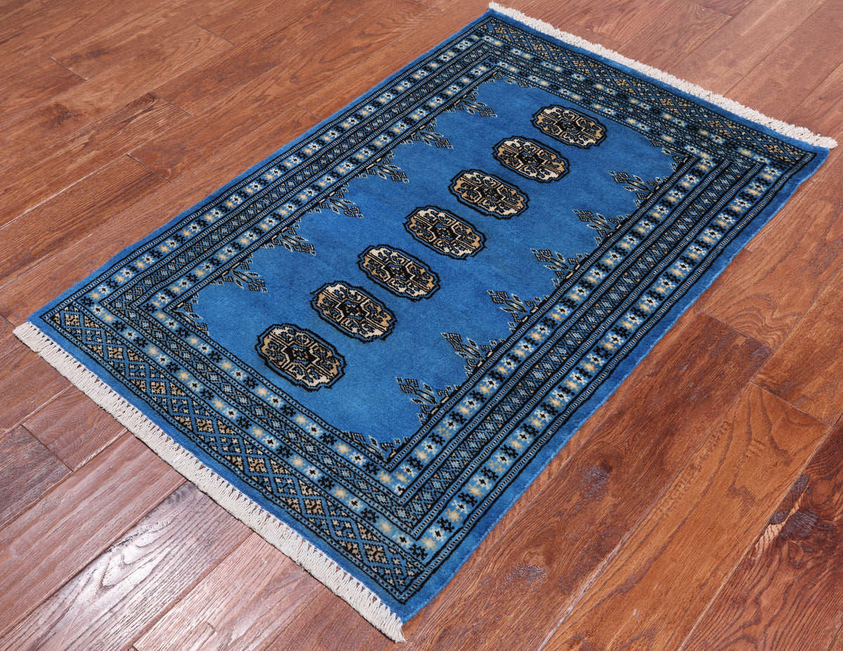 Blue Bokhara Hand-Knotted Wool Rug - 2' 7" X 3' 11"