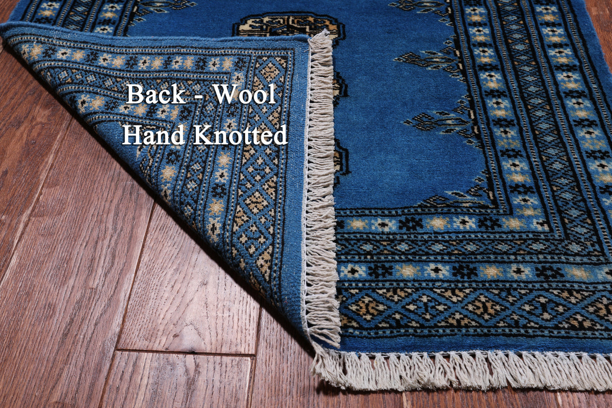 Blue Bokhara Hand-Knotted Wool Rug - 2' 7" X 3' 11"