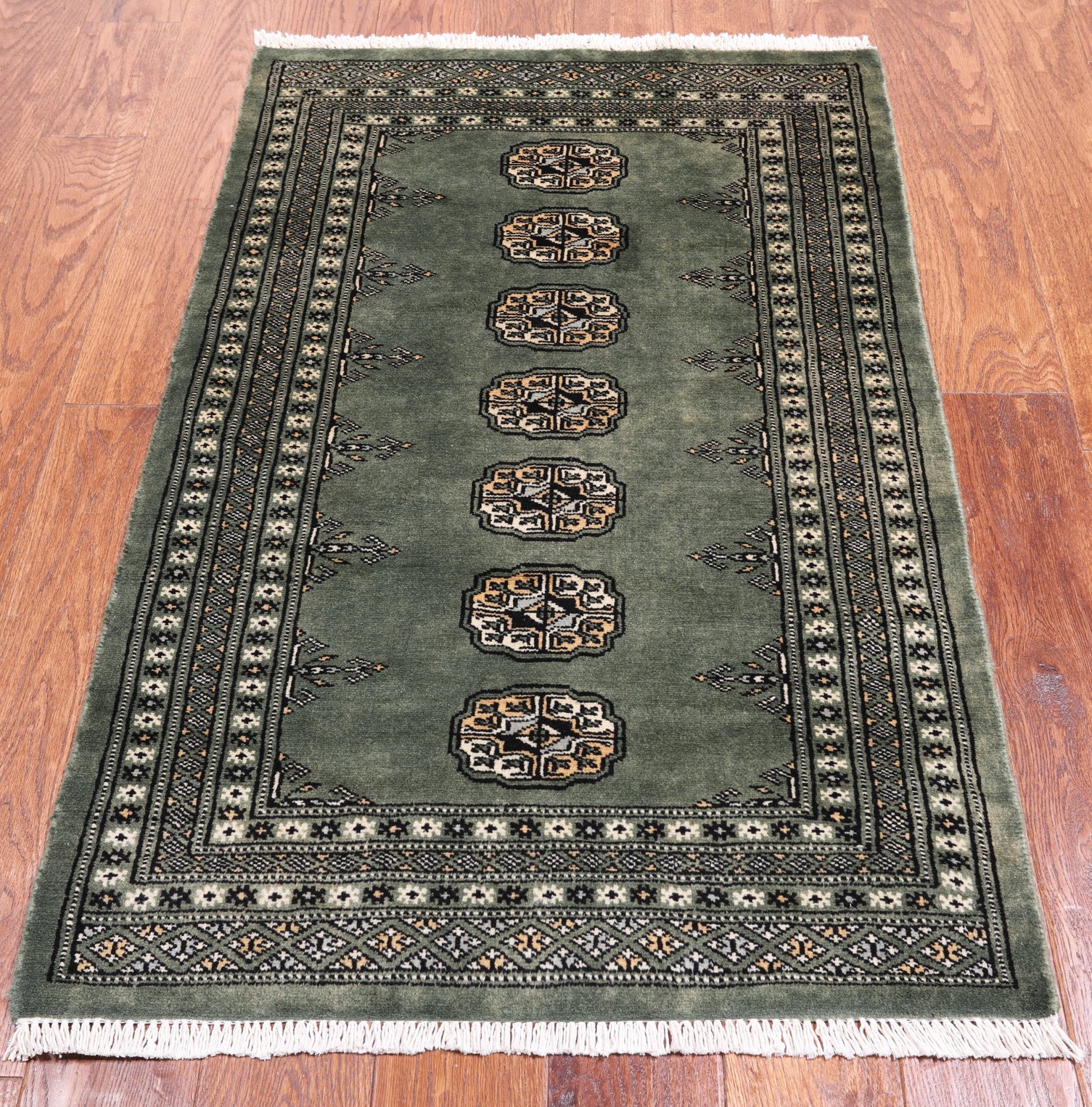 Green Bokhara Hand Knotted Wool Rug - 2' 7" X 4' 2"