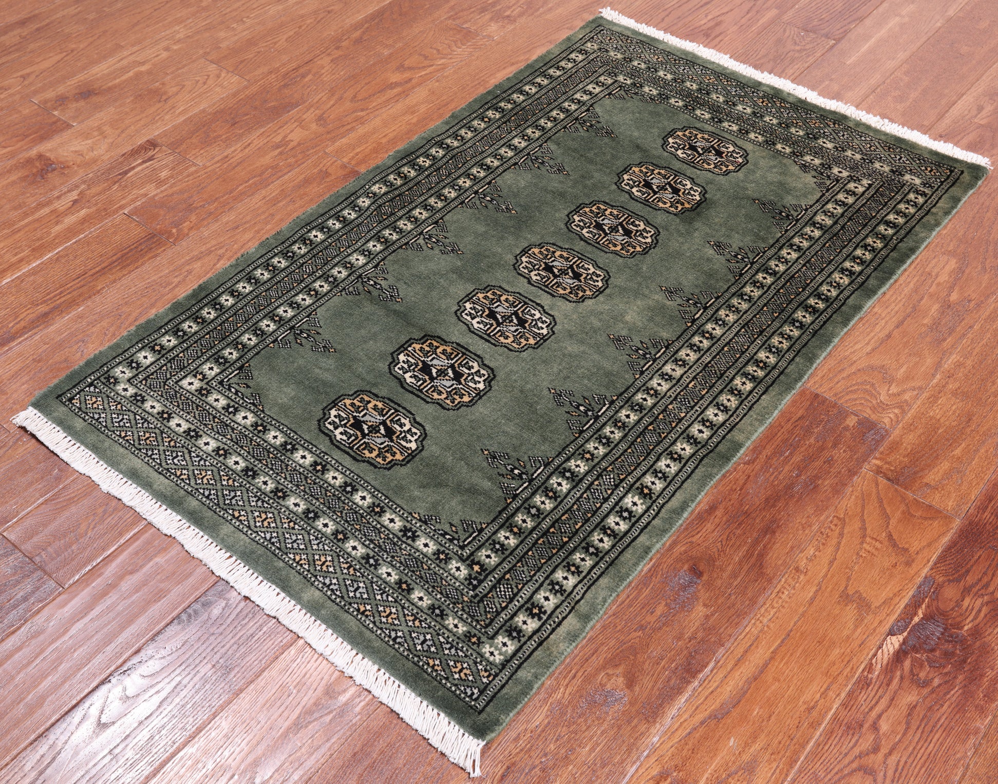 Green Bokhara Hand Knotted Wool Rug - 2' 7" X 4' 2"