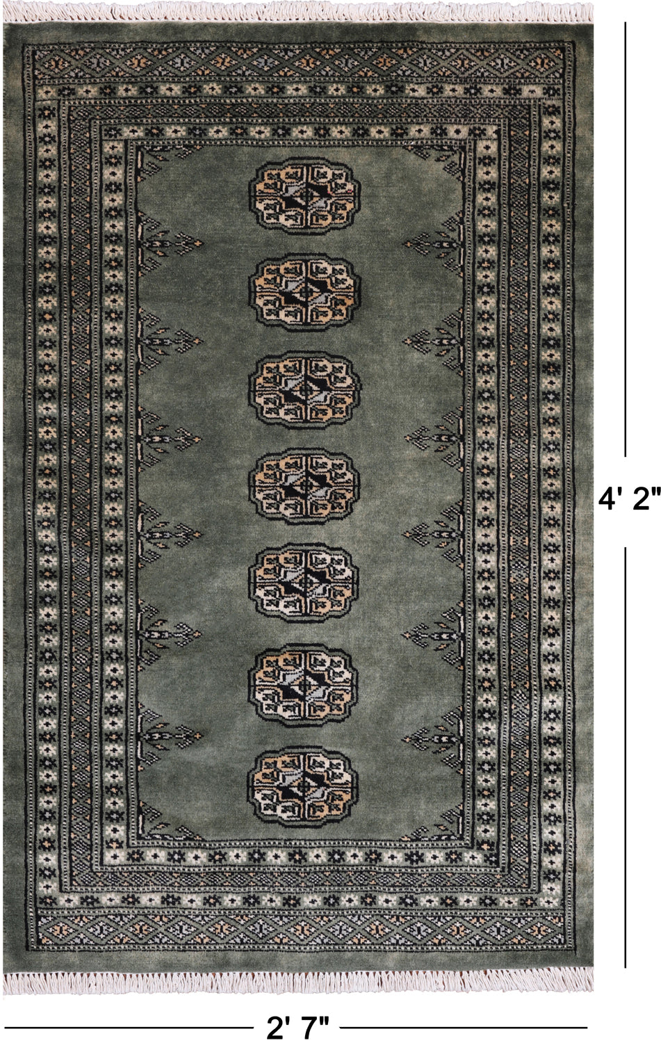 Green Bokhara Hand Knotted Wool Rug - 2' 7" X 4' 2"