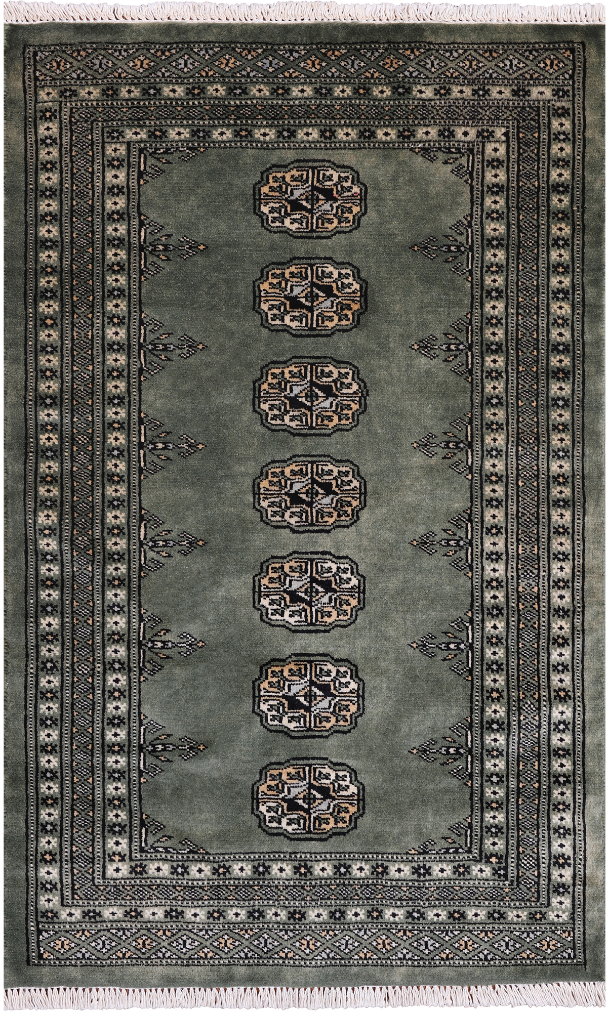 Green Bokhara Hand Knotted Wool Rug - 2' 7" X 4' 2"