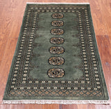 Green Bokhara Handmade Wool Rug - 2' 7" X 4' 1"