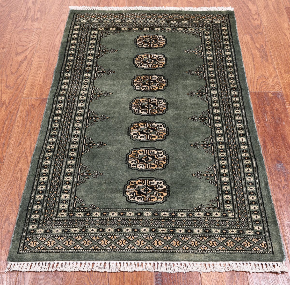 Green Bokhara Handmade Wool Rug - 2' 7" X 4' 1"