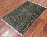 Green Bokhara Handmade Wool Rug - 2' 7" X 4' 1"