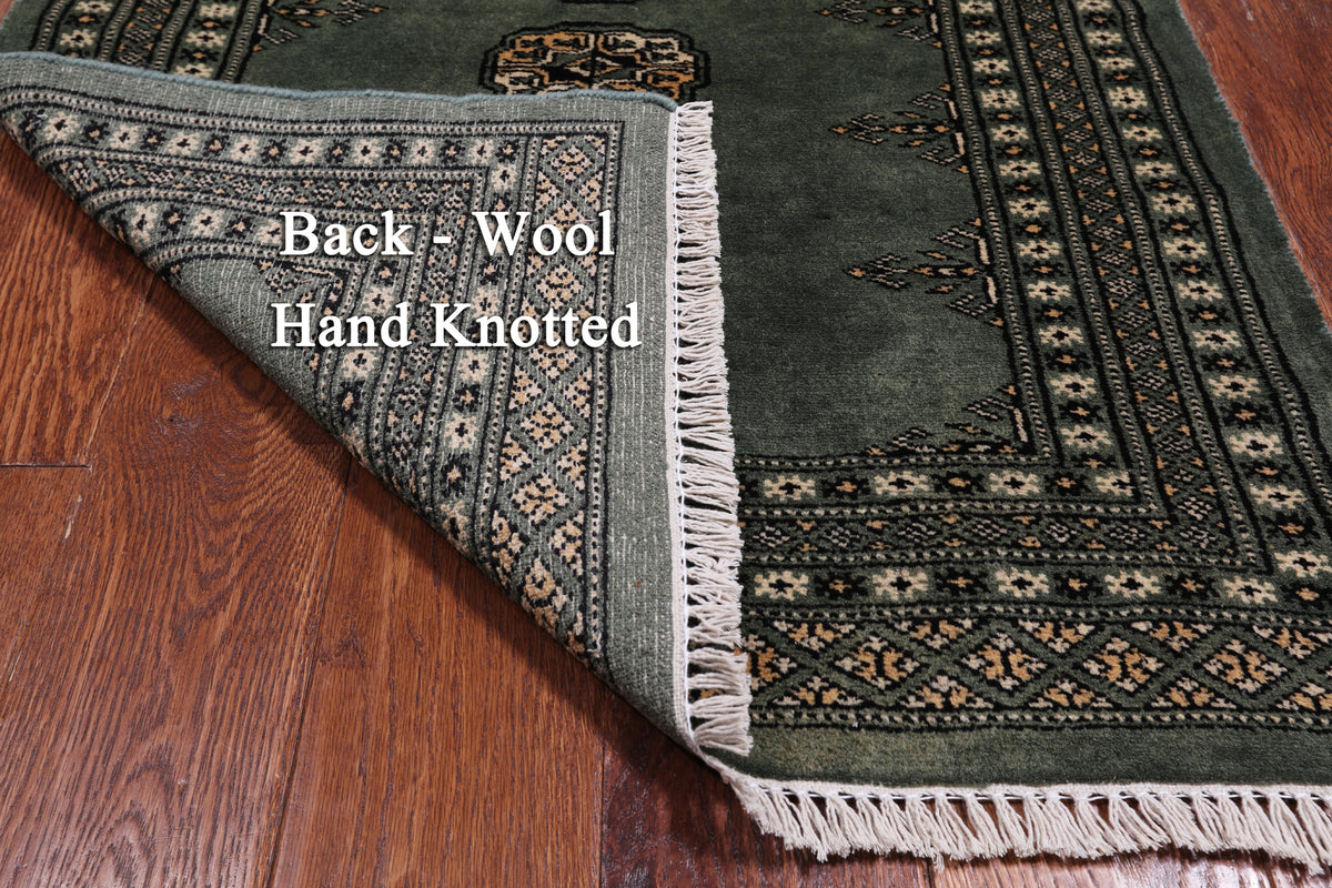Green Bokhara Handmade Wool Rug - 2' 7" X 4' 1"