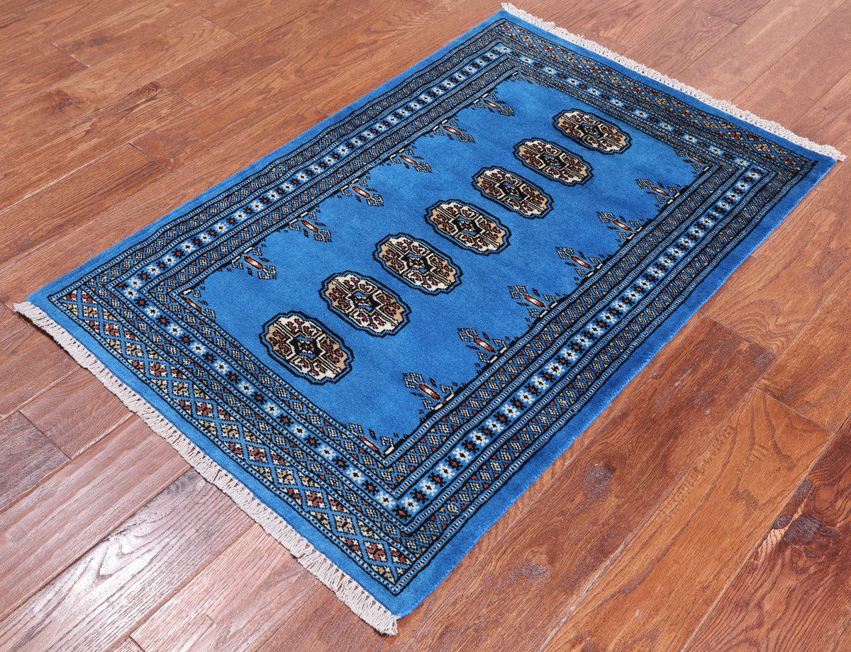 Blue Bokhara Hand Knotted Wool Rug - 2' 7" X 3' 11"