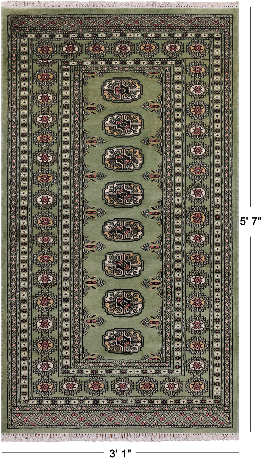 Green Bokhara Handmade Wool Runner Rug - 3' 1" X 5' 7"