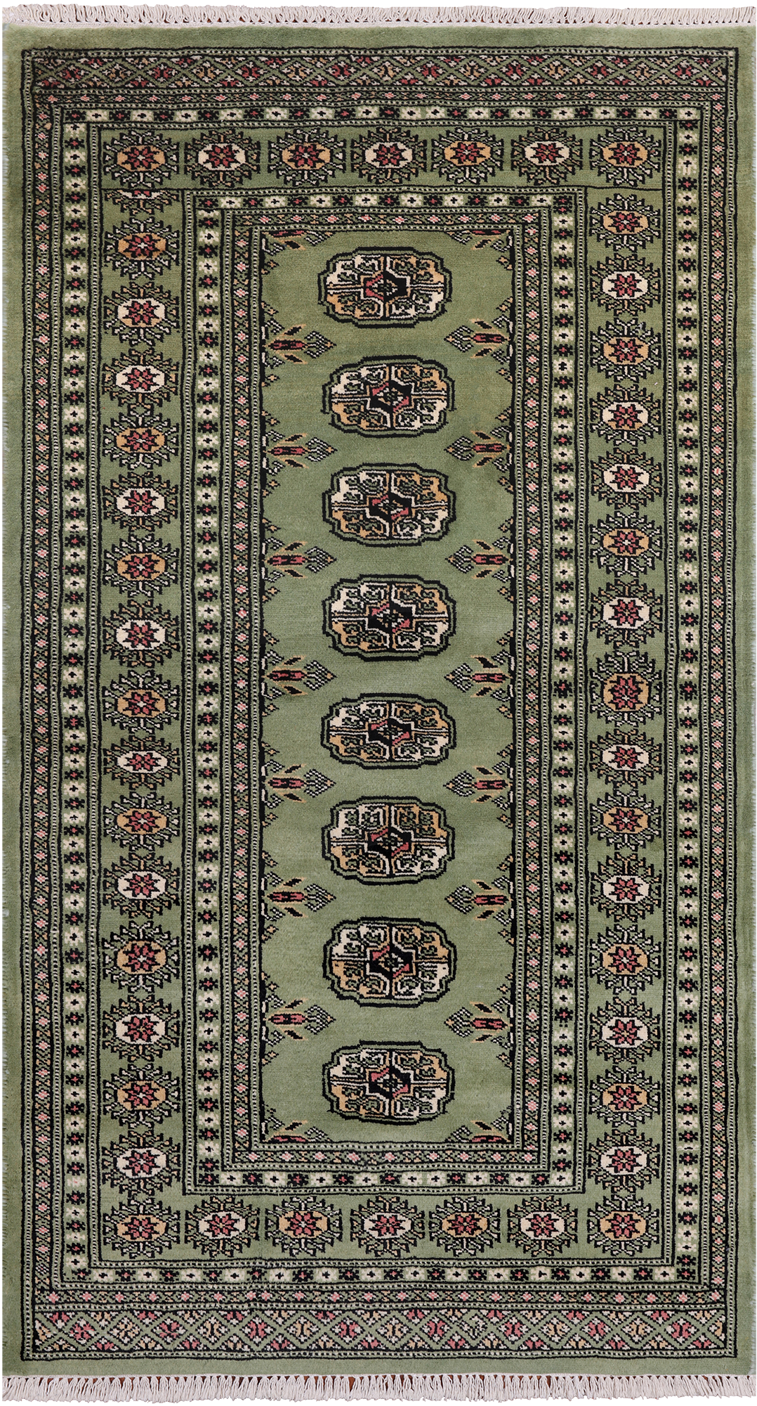 Green Bokhara Handmade Wool Runner Rug - 3' 1" X 5' 7"