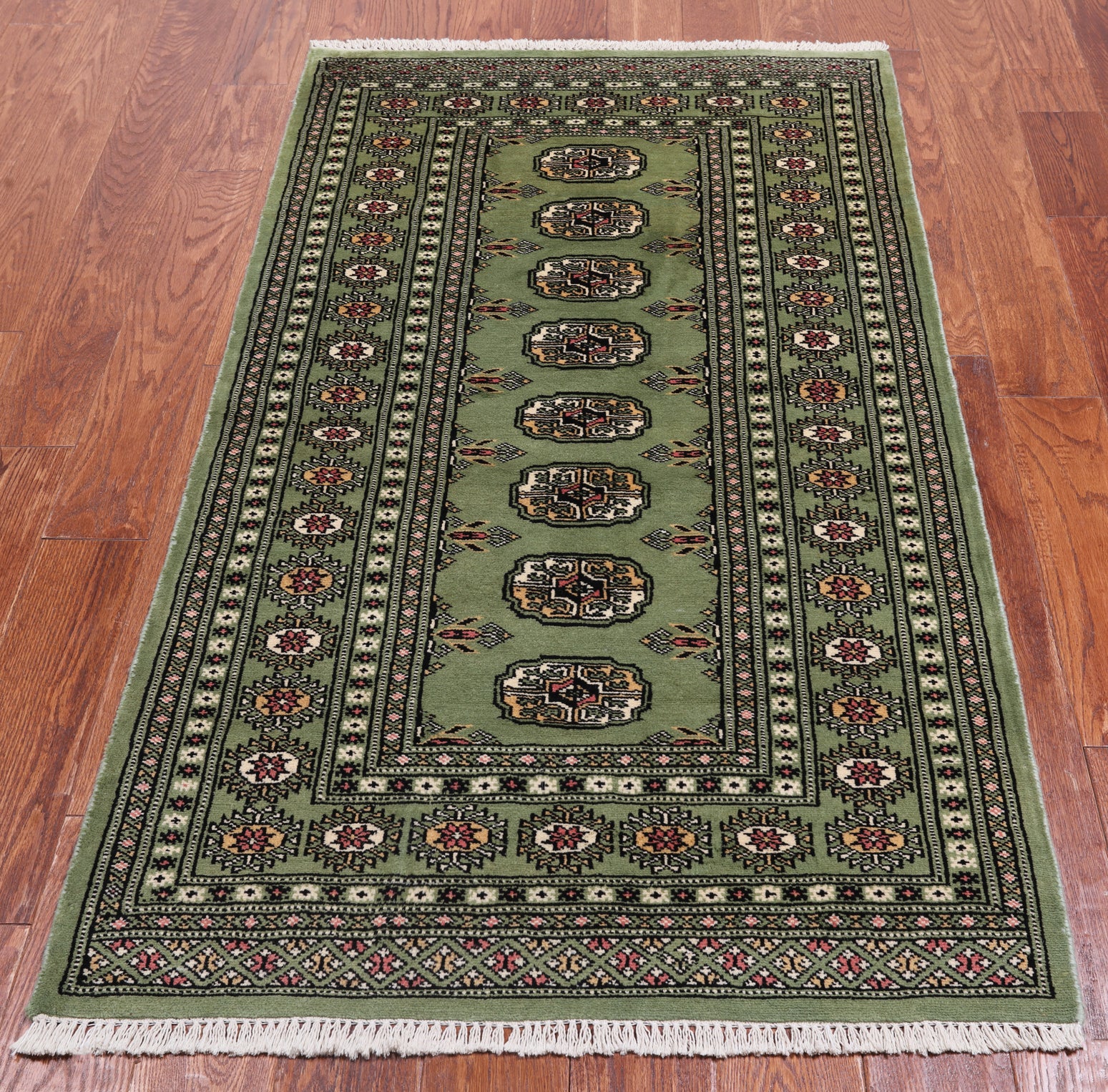 Green Bokhara Handmade Wool Runner Rug - 3' 1" X 5' 7"
