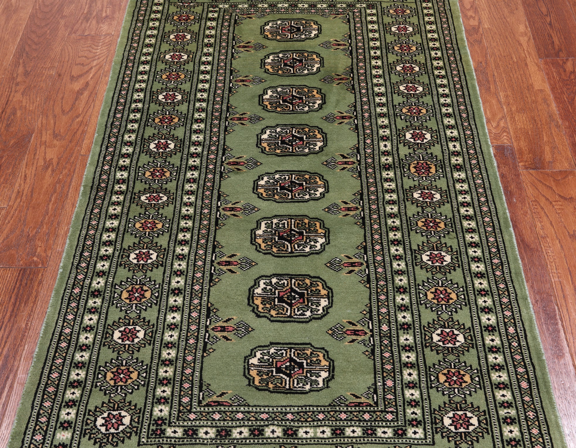 Green Bokhara Handmade Wool Runner Rug - 3' 1" X 5' 7"
