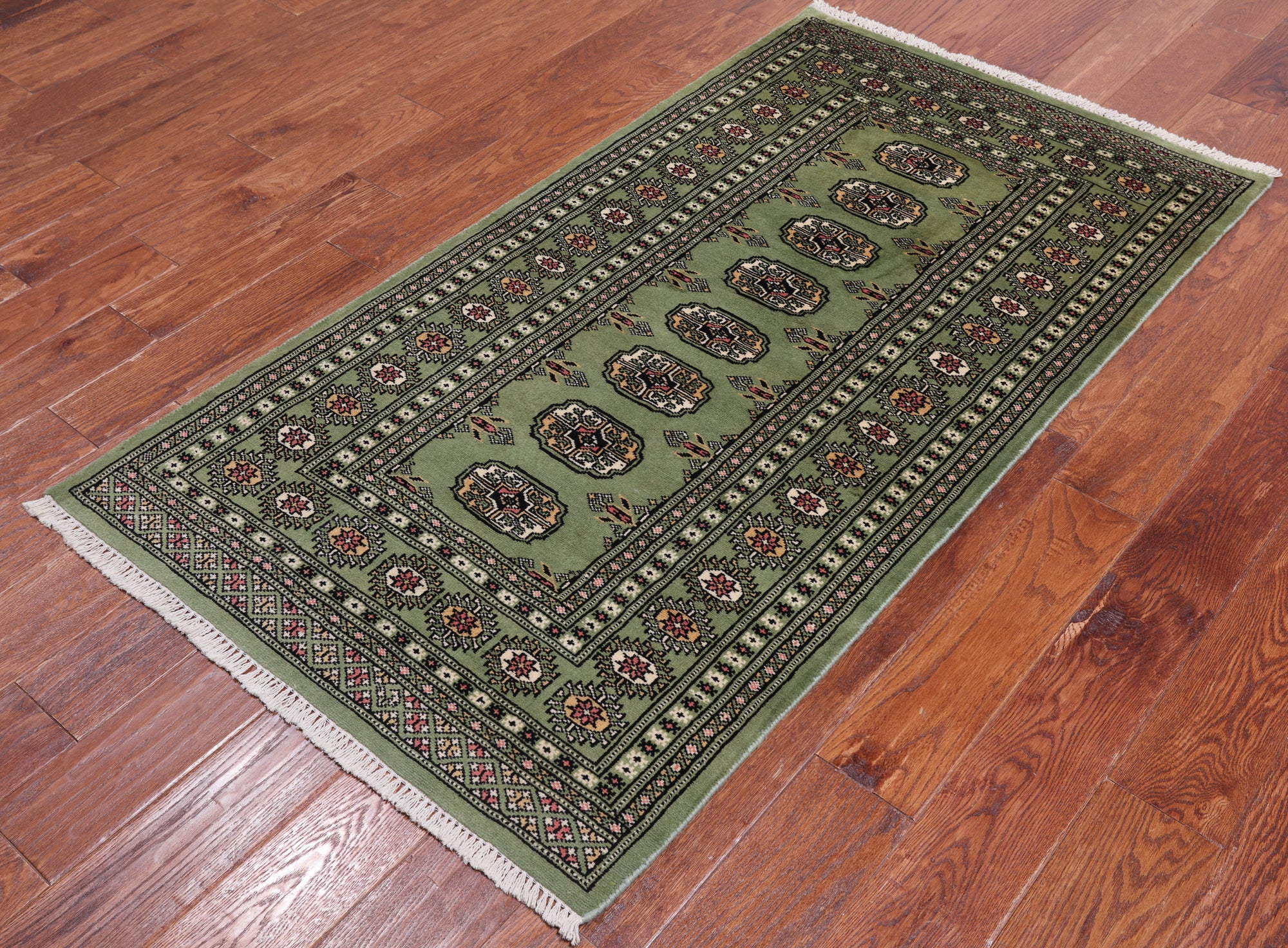 Green Bokhara Handmade Wool Runner Rug - 3' 1" X 5' 7"