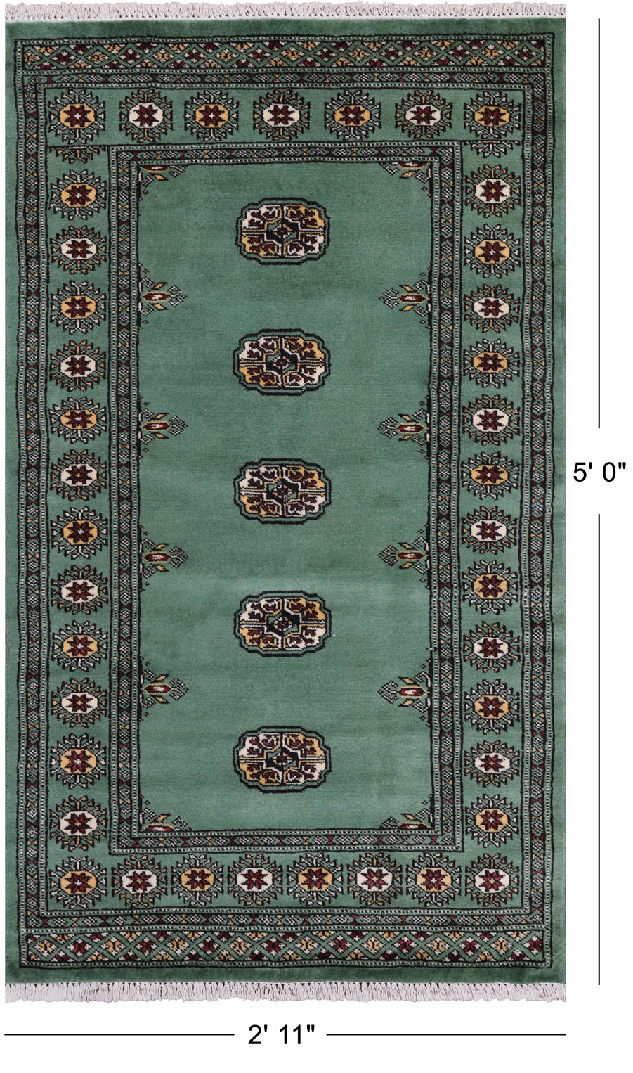 Green Bokhara Hand-Knotted Wool Rug - 2' 11" X 5' 0"