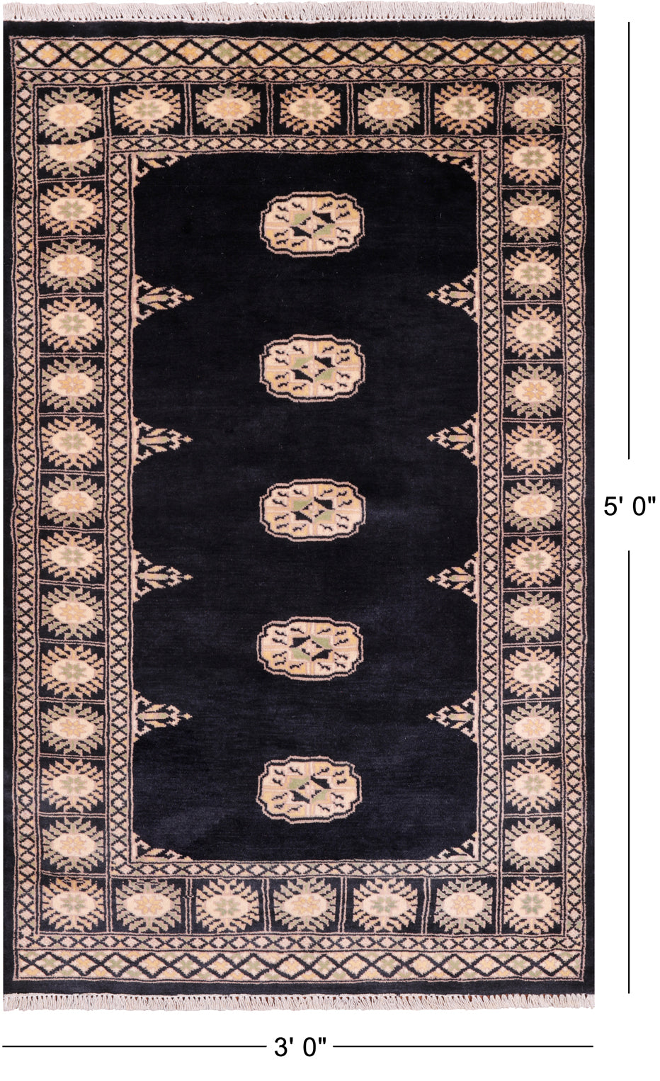 Black Bokhara Hand-Knotted Wool Rug - 3' 0" X 5' 0"