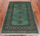 Green Bokhara Handmade Wool Rug - 2' 11" X 4' 10"