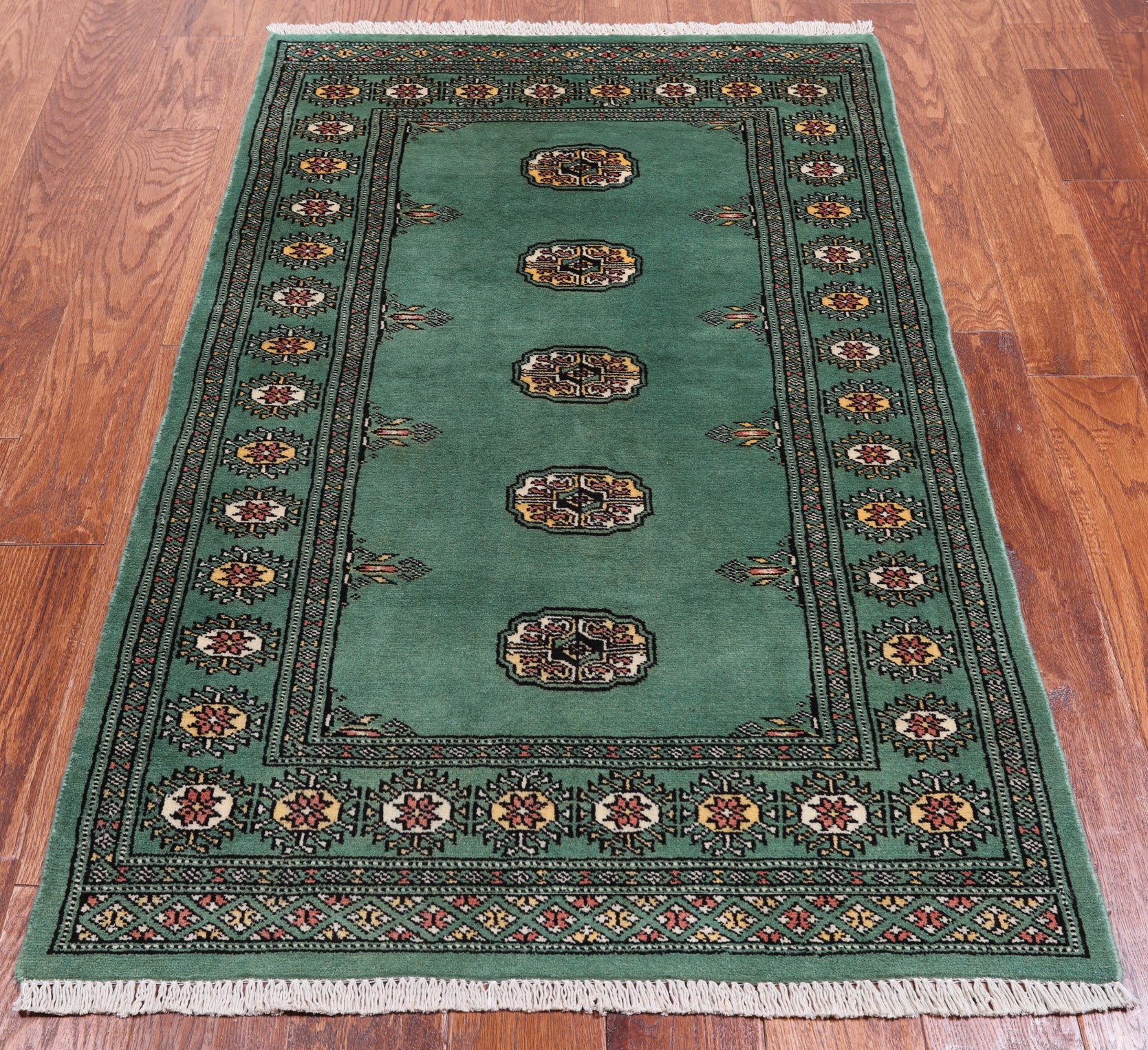 Green Bokhara Handmade Wool Rug - 2' 11" X 4' 10"