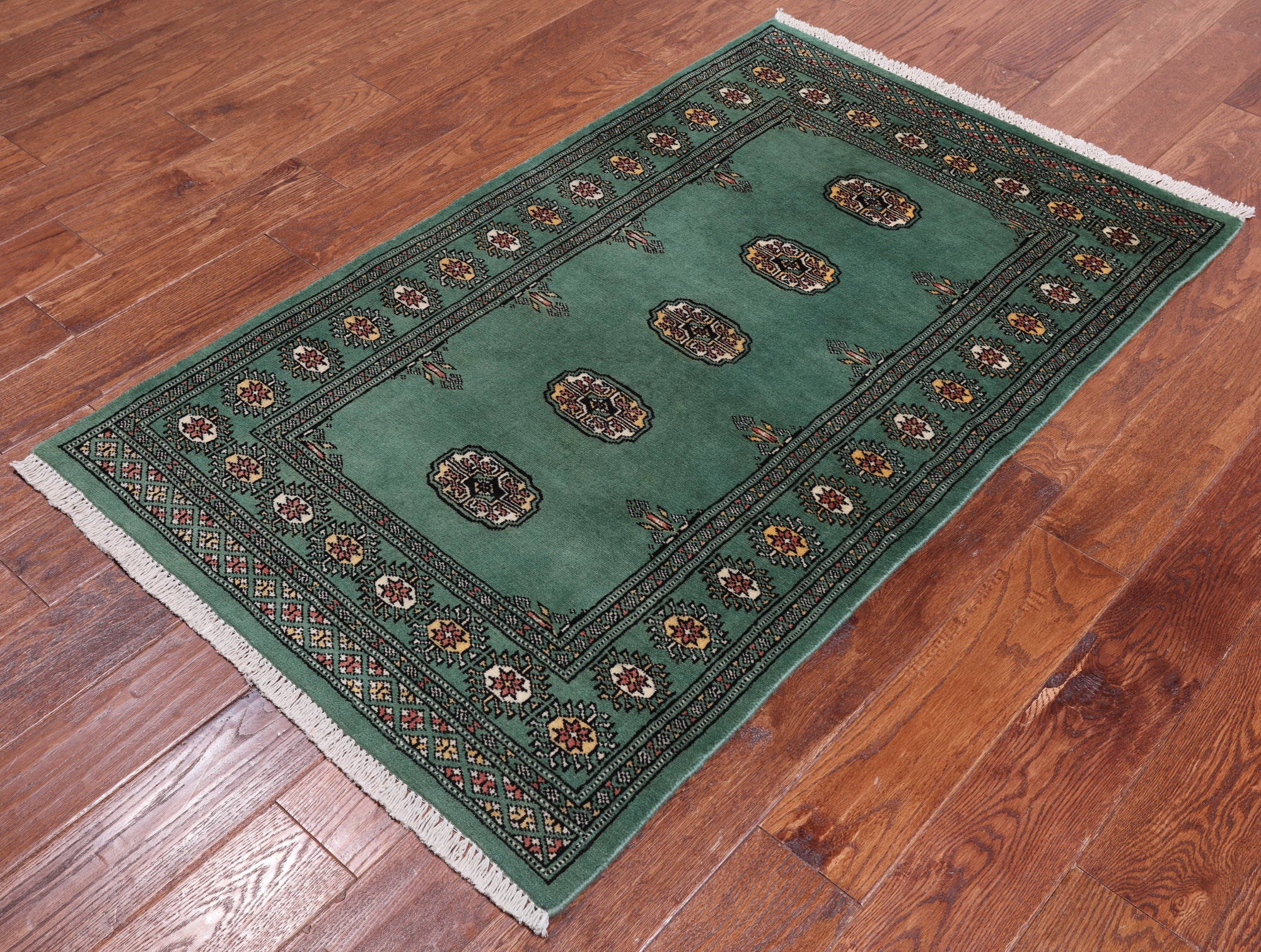 Green Bokhara Handmade Wool Rug - 2' 11" X 4' 10"