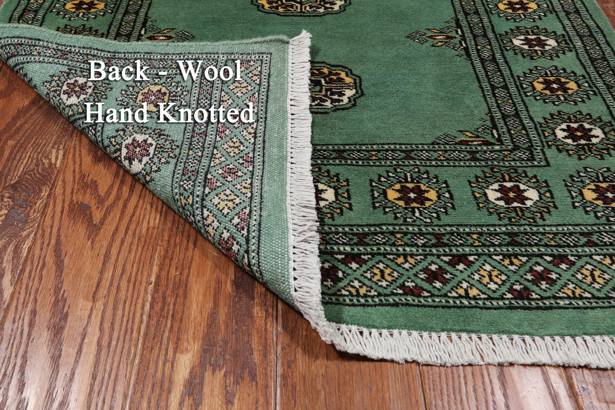 Green Bokhara Hand Knotted Wool Rug - 2' 11" X 5' 4"