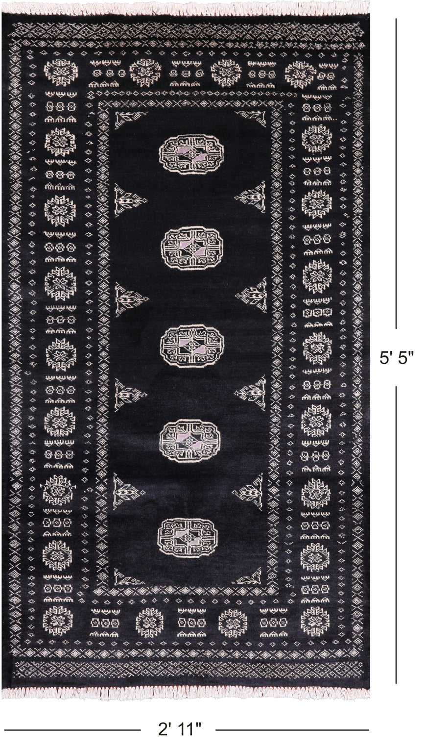 Black Bokhara Handmade Wool Rug - 2' 11" X 5' 5"