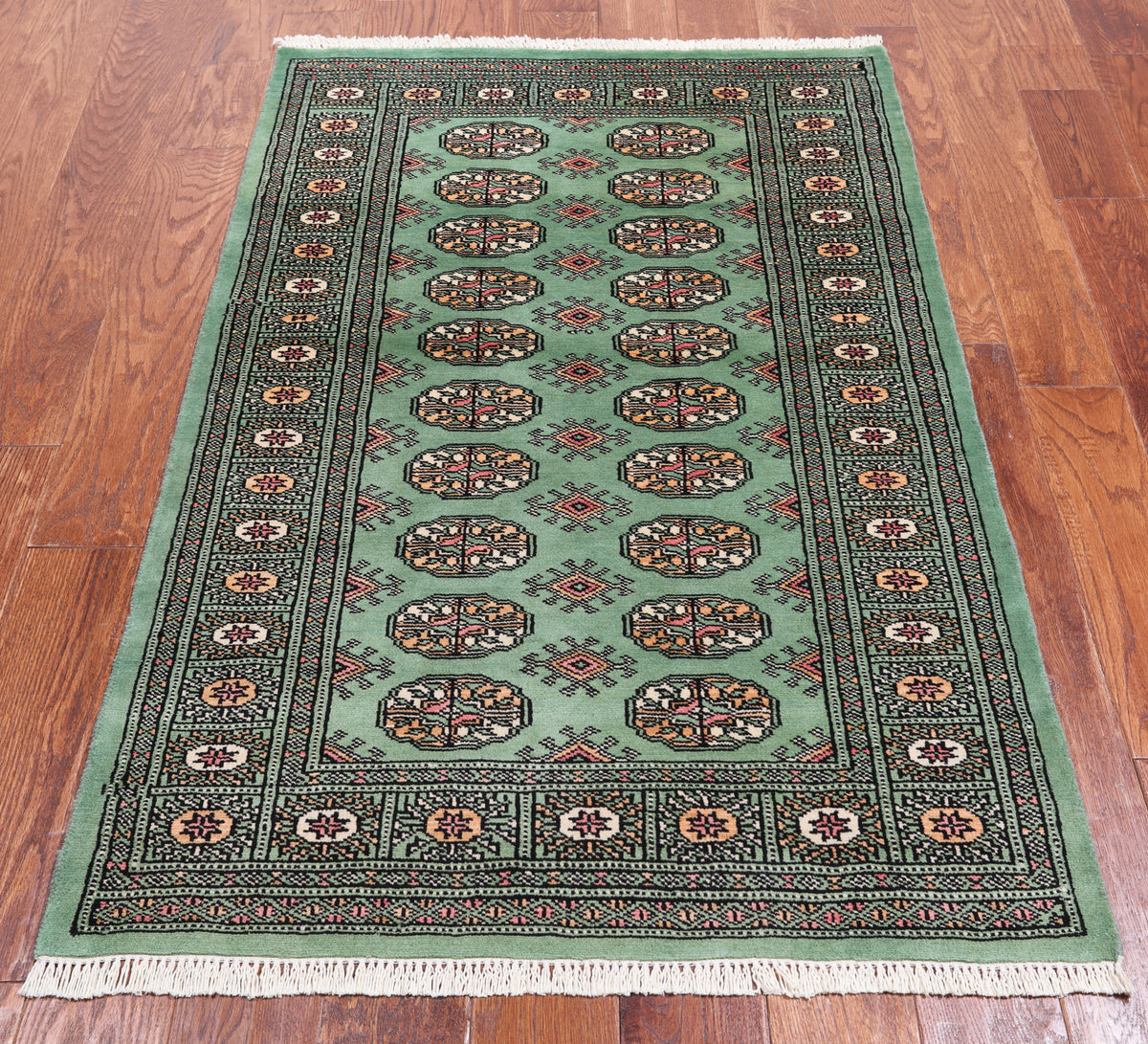 Green Bokhara Handmade Wool Rug - 3' 1" X 4' 11"