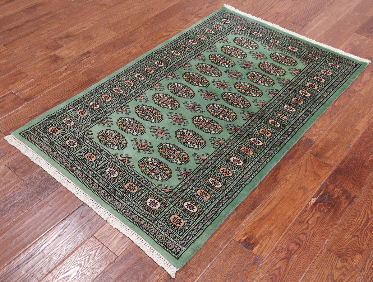 Green Bokhara Handmade Wool Rug - 3' 1" X 4' 11"