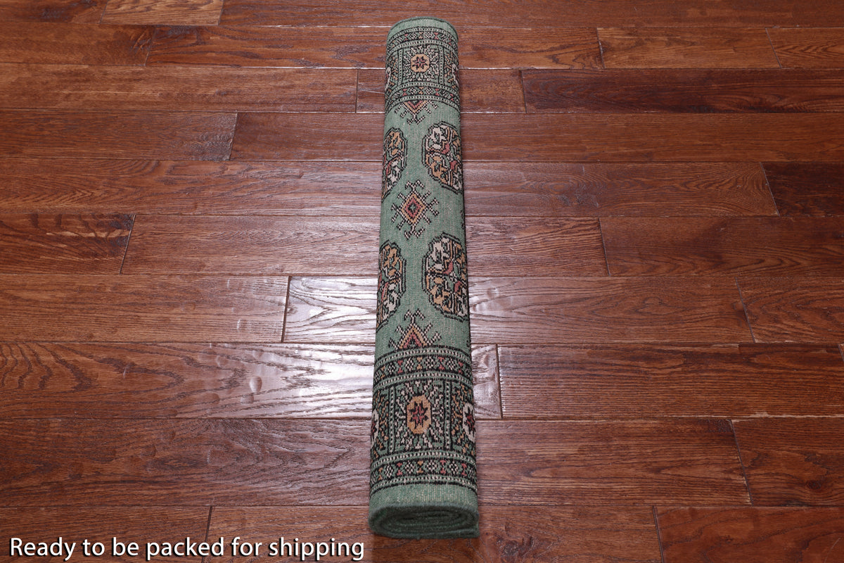 Green Bokhara Handmade Wool Rug - 3' 1" X 4' 11"