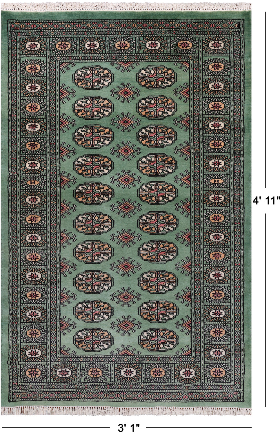 Green Bokhara Handmade Wool Rug - 3' 1" X 4' 11"