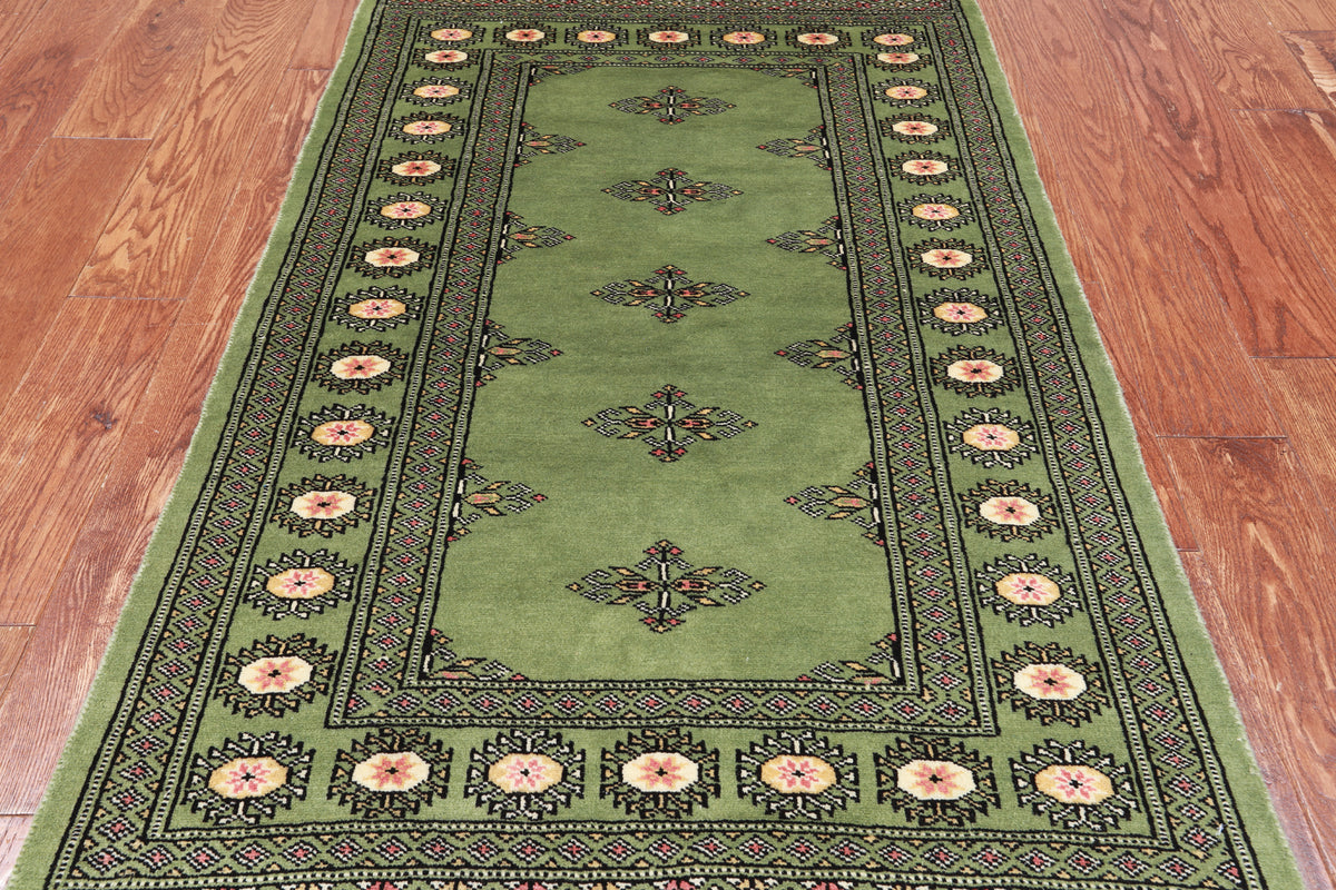 Green Bokhara Handmade Wool Rug - 3' 0" X 4' 11"