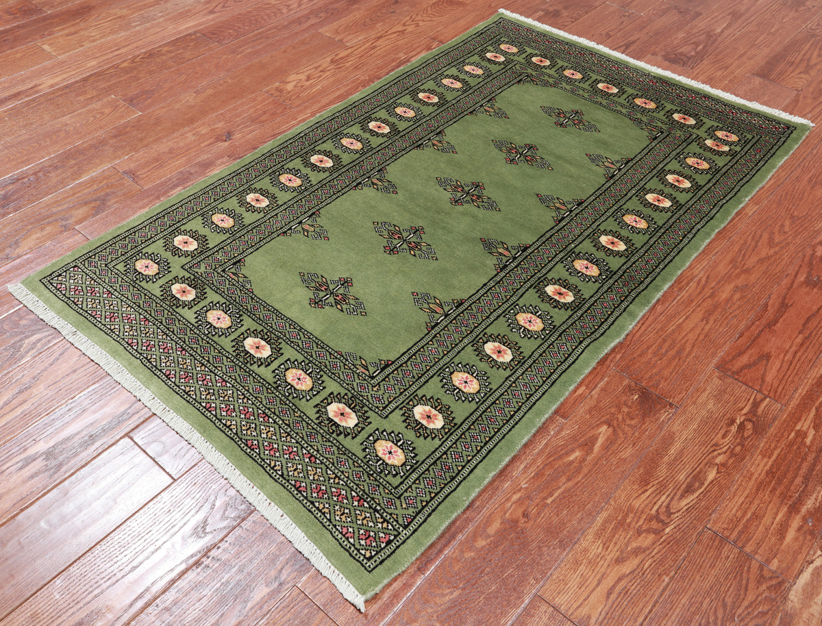 Green Bokhara Handmade Wool Rug - 3' 0" X 4' 11"