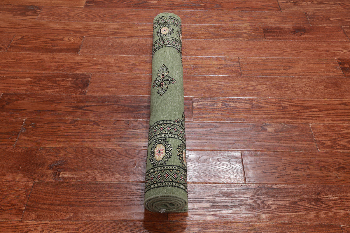 Green Bokhara Handmade Wool Rug - 3' 0" X 4' 11"