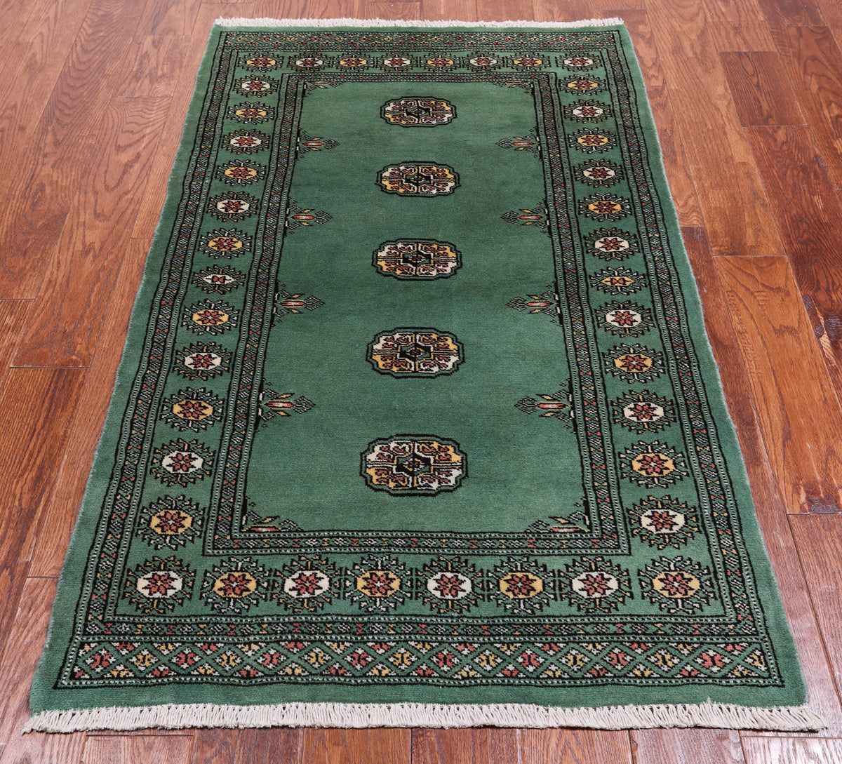 Green Bokhara Handmade Wool Rug - 3' 0" X 5' 2"