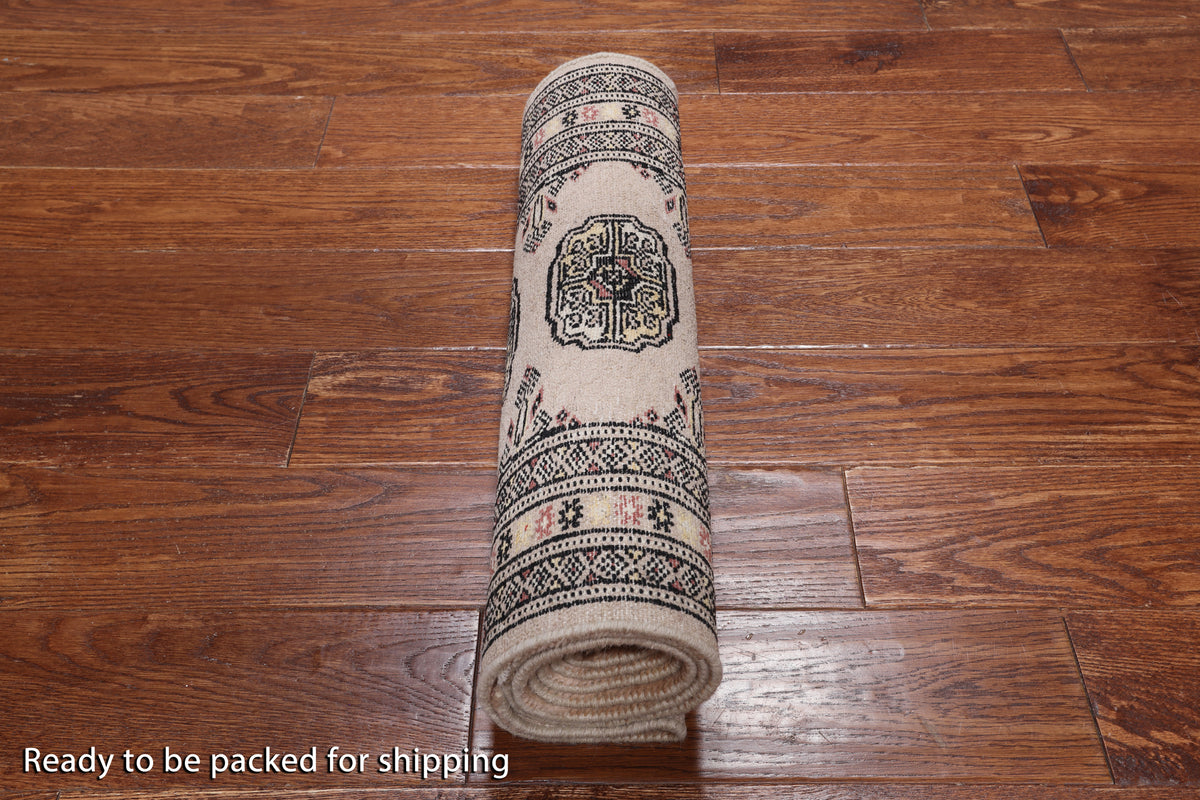 Beige Bokhara Hand-Knotted Wool Runner Rug - 2' 0" X 6' 4"