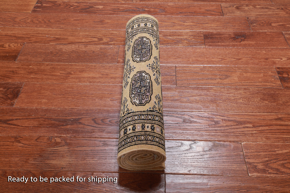 Gold Signed Bokhara Handmade Wool Runner Rug - 2' 3" X 6' 6"