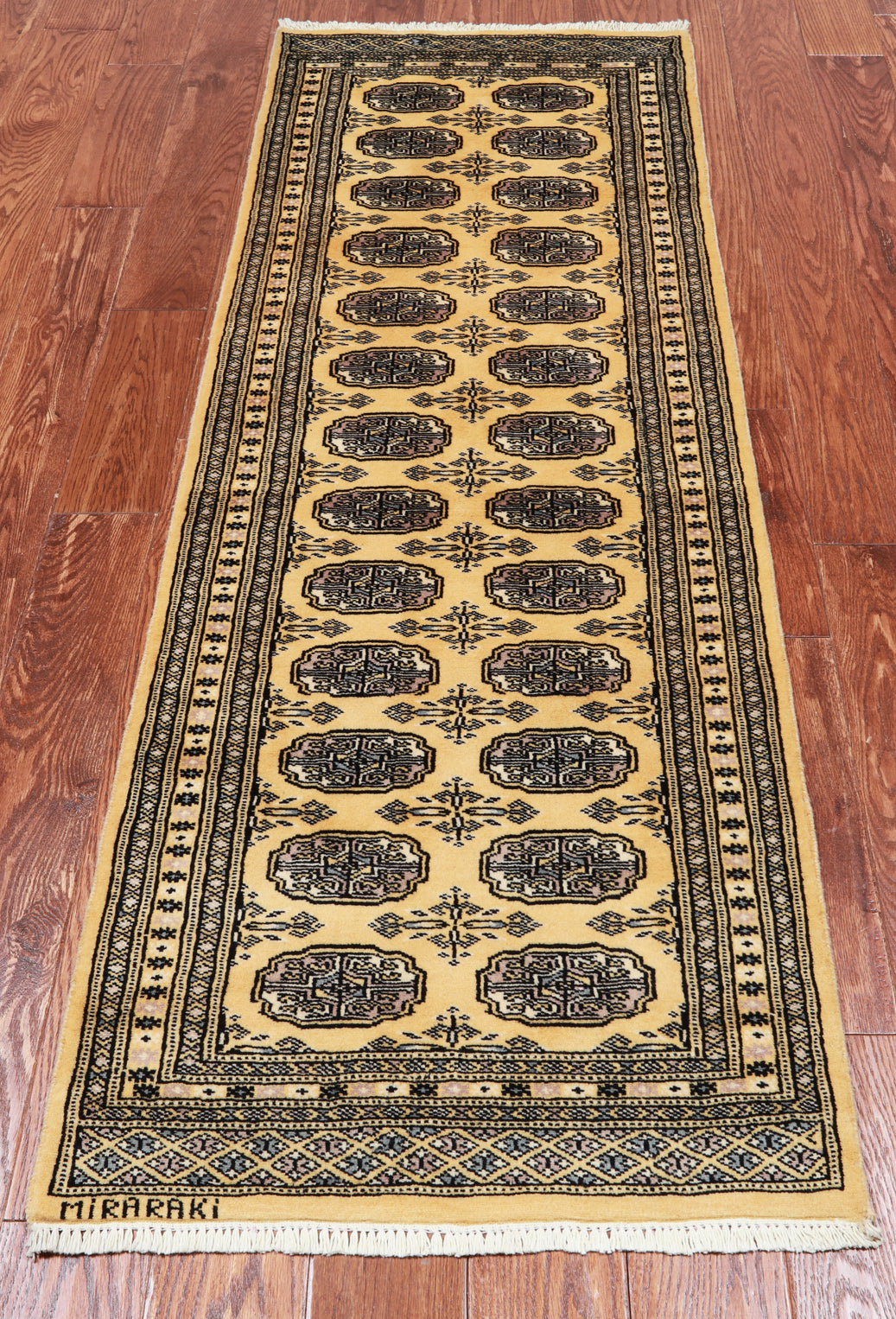 Gold Signed Bokhara Handmade Wool Runner Rug - 2' 3" X 6' 6"