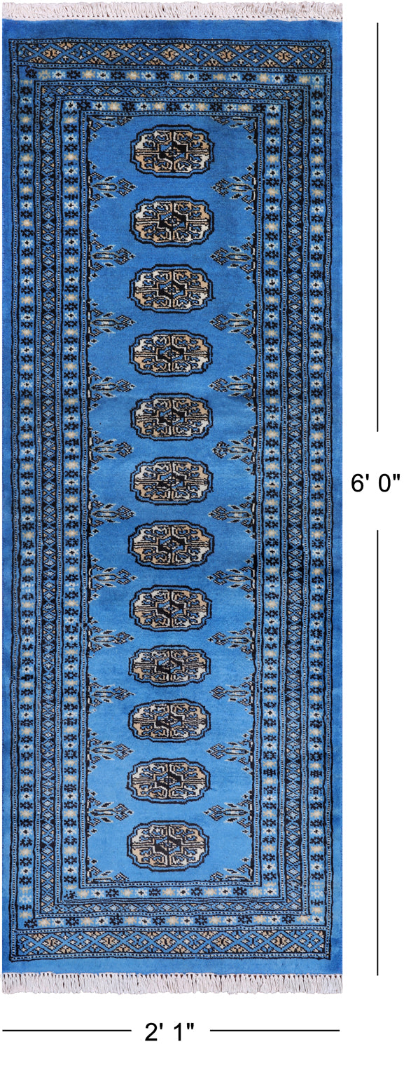 Blue Bokhara Hand-Knotted Wool Runner Rug - 2' 1" X 6' 0"