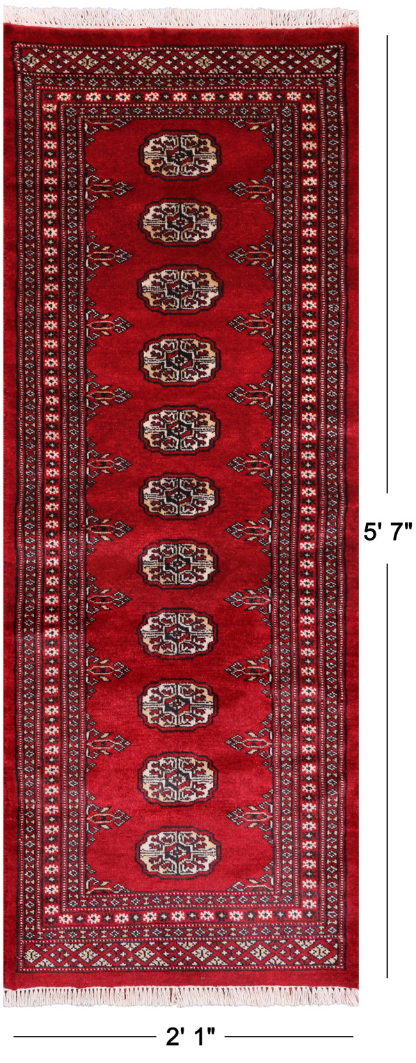 Red Bokhara Hand-Knotted Wool Runner Rug - 2' 1" X 5' 7"