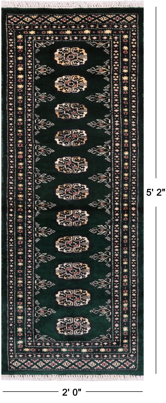 Green Bokhara Hand-Knotted Wool Runner Rug - 2' 0" X 5' 2"
