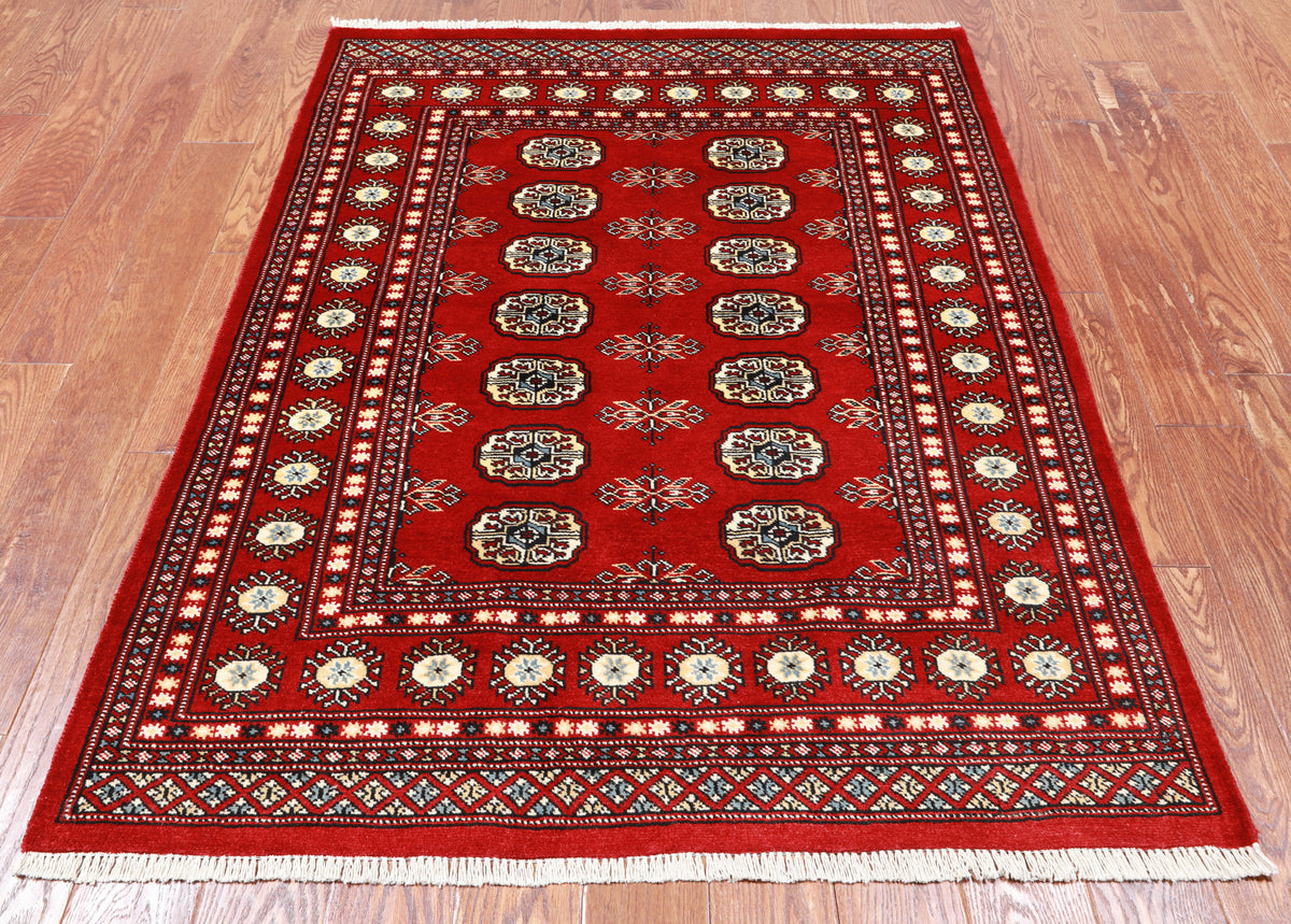Red Bokhara Handmade Wool Rug - 4' 1" X 5' 7"