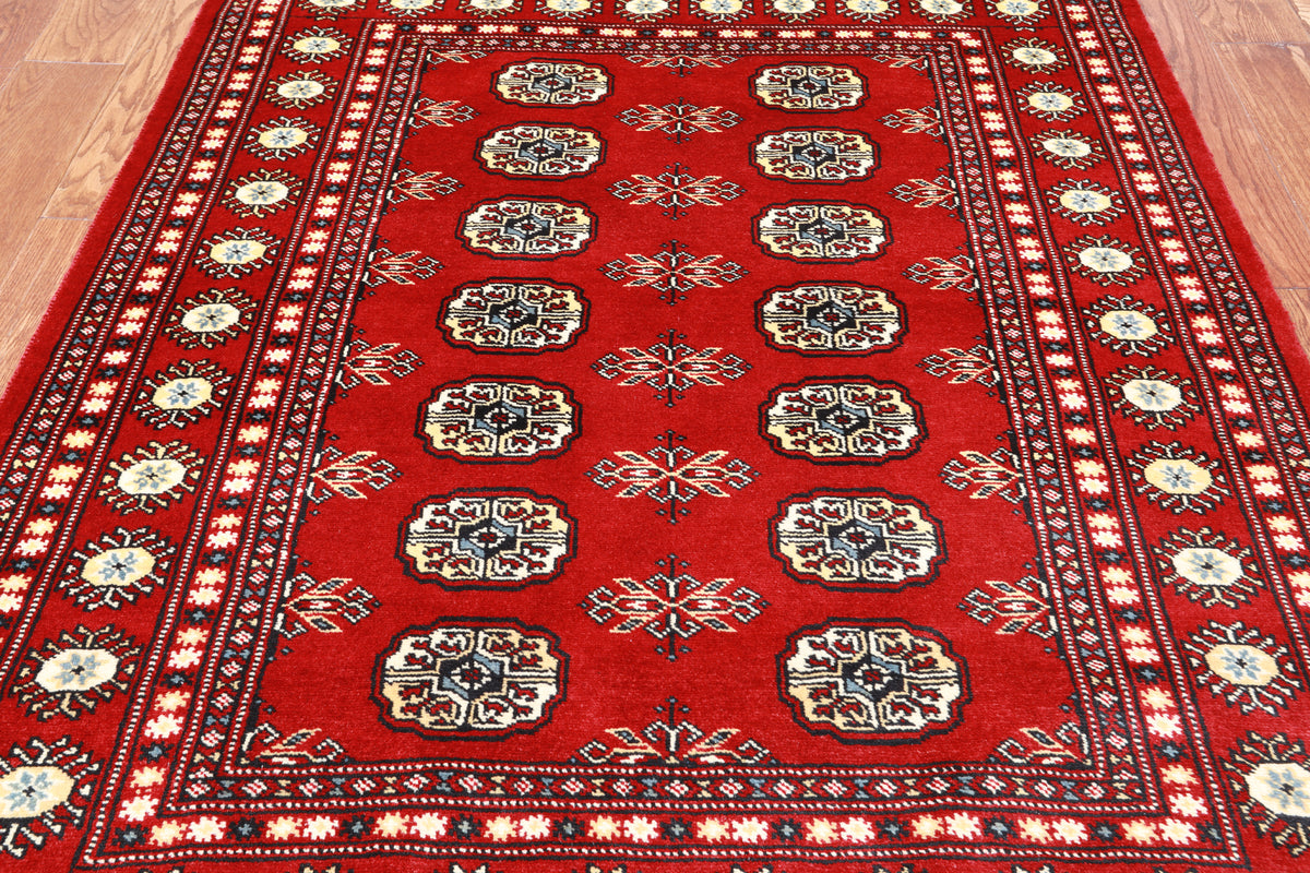 Red Bokhara Handmade Wool Rug - 4' 1" X 5' 7"