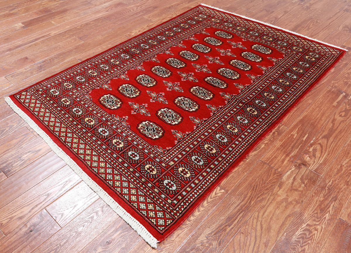 Red Bokhara Hand Knotted Wool Rug - 4' 1" X 5' 11"