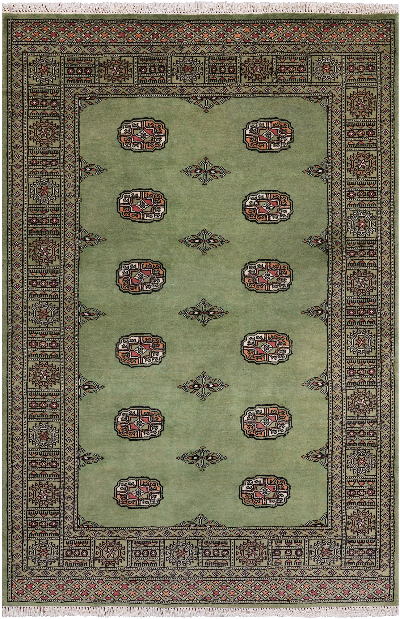 Green Bokhara Handmade Wool Rug - 4' 0" X 6' 0"