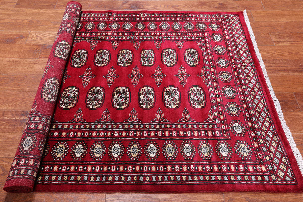 Red Bokhara Hand Knotted Wool Rug - 4' 2" X 6' 0"