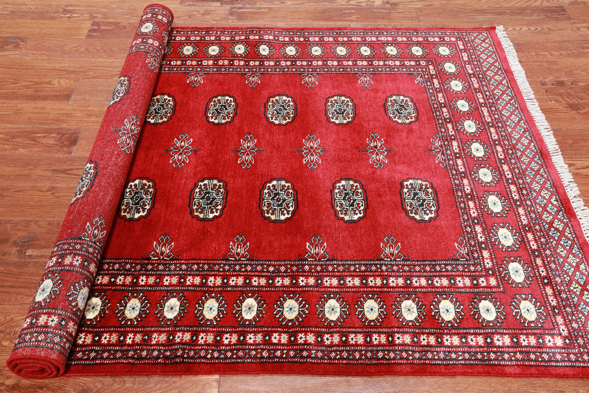 Red Bokhara Handmade Wool Rug - 4' 7" X 7' 3"