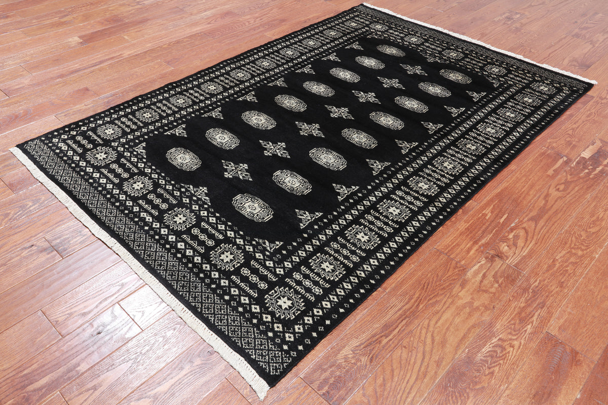 Black Bokhara Hand Knotted Wool Rug - 4' 7" X 6' 10"
