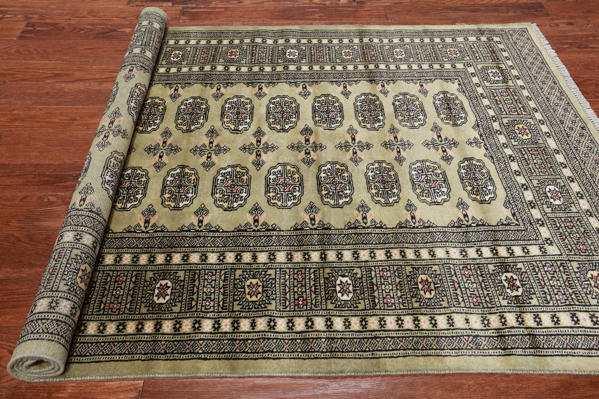 Green Bokhara Hand Knotted Wool Rug - 4' 6" X 6' 11"