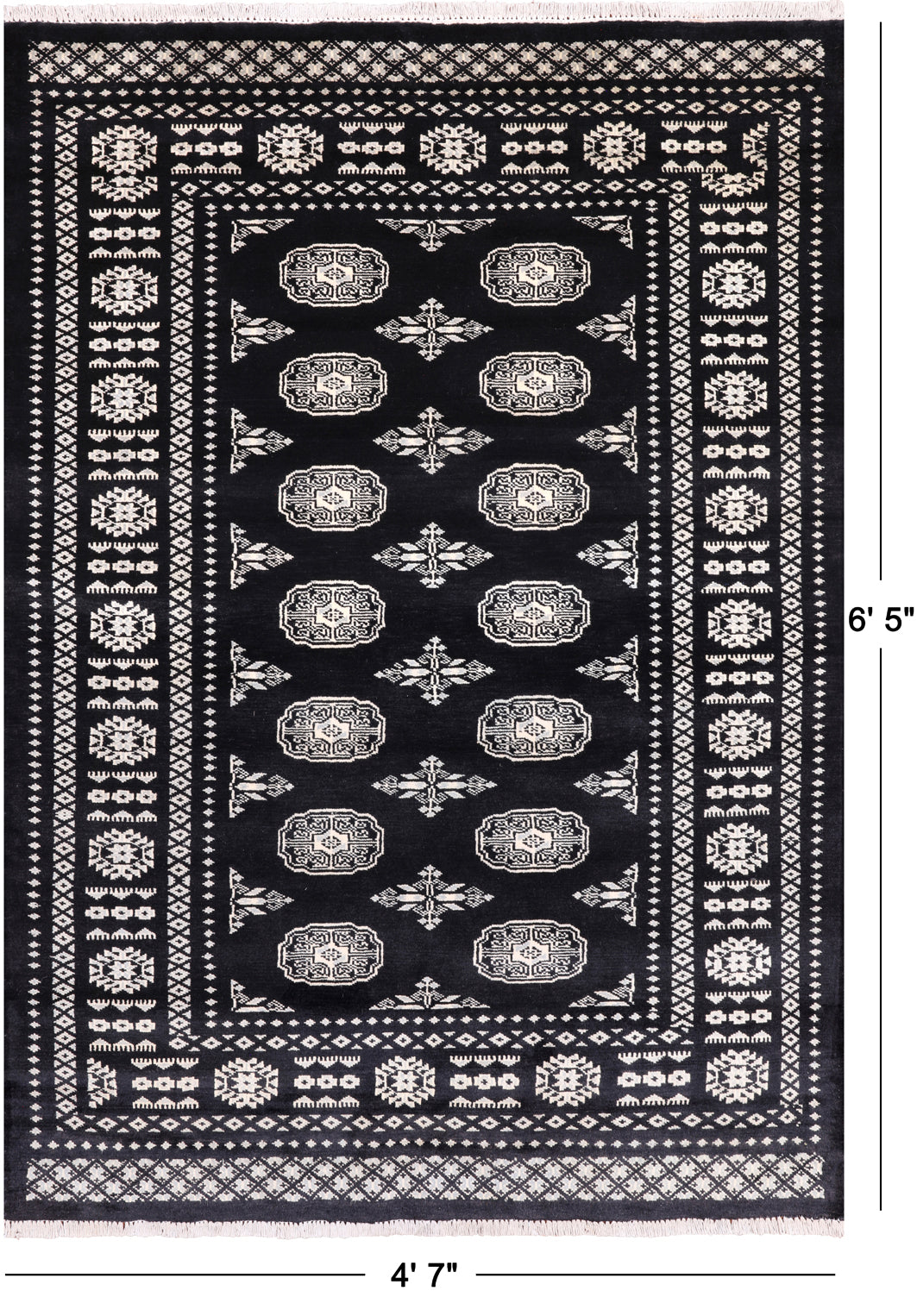 Black Bokhara Hand Knotted Wool Rug - 4' 7" X 6' 5"