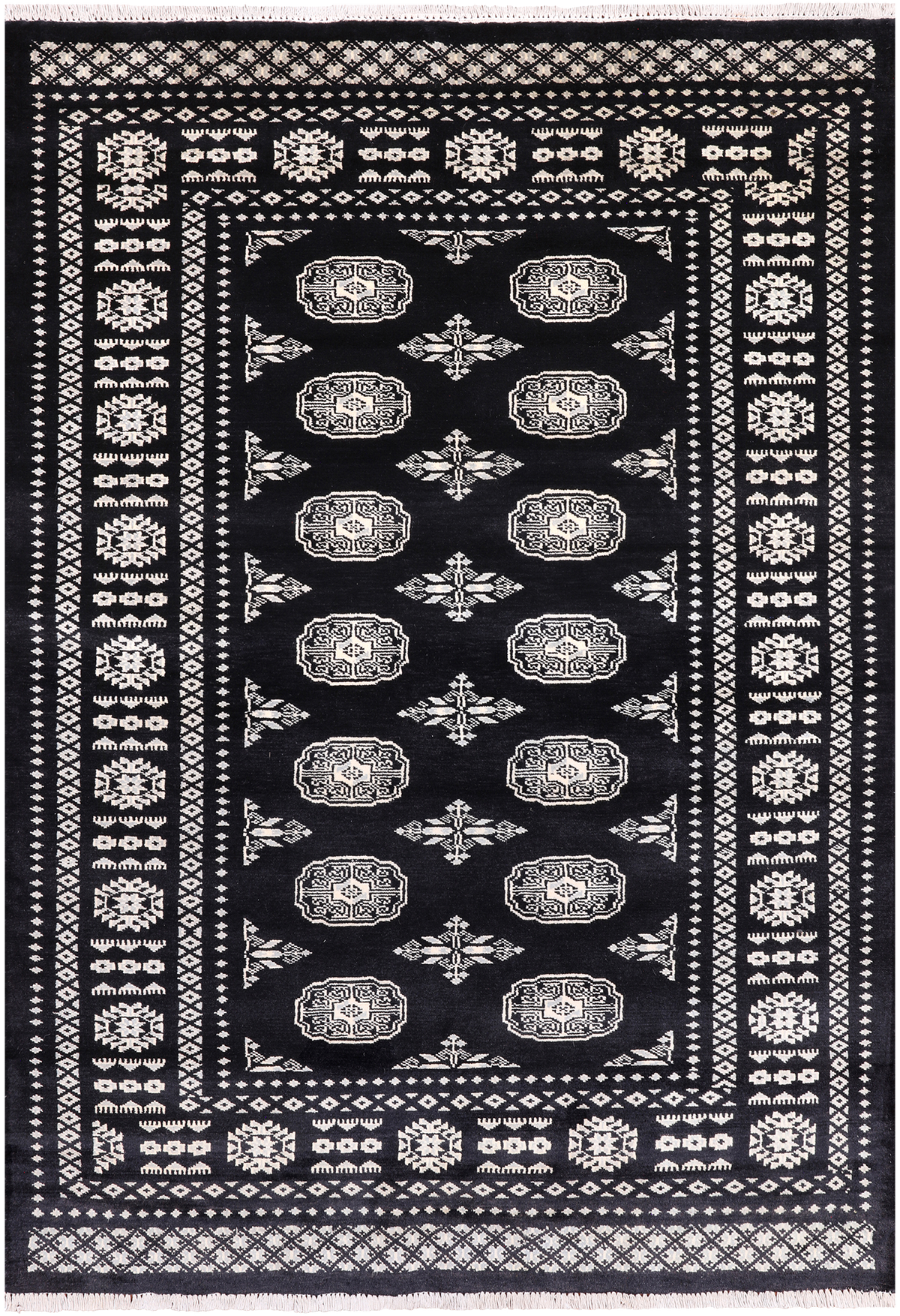 Black Bokhara Hand Knotted Wool Rug - 4' 7" X 6' 5"