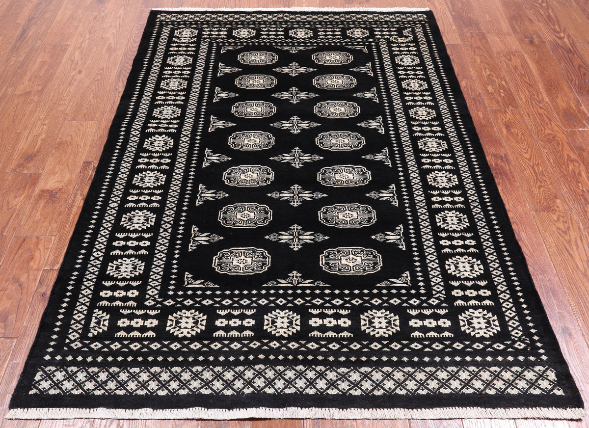 Black Bokhara Hand Knotted Wool Rug - 4' 7" X 6' 5"