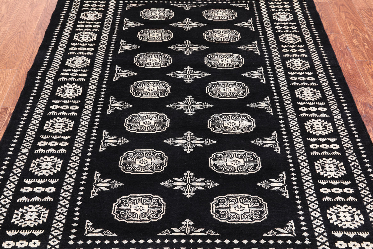 Black Bokhara Hand Knotted Wool Rug - 4' 7" X 6' 5"